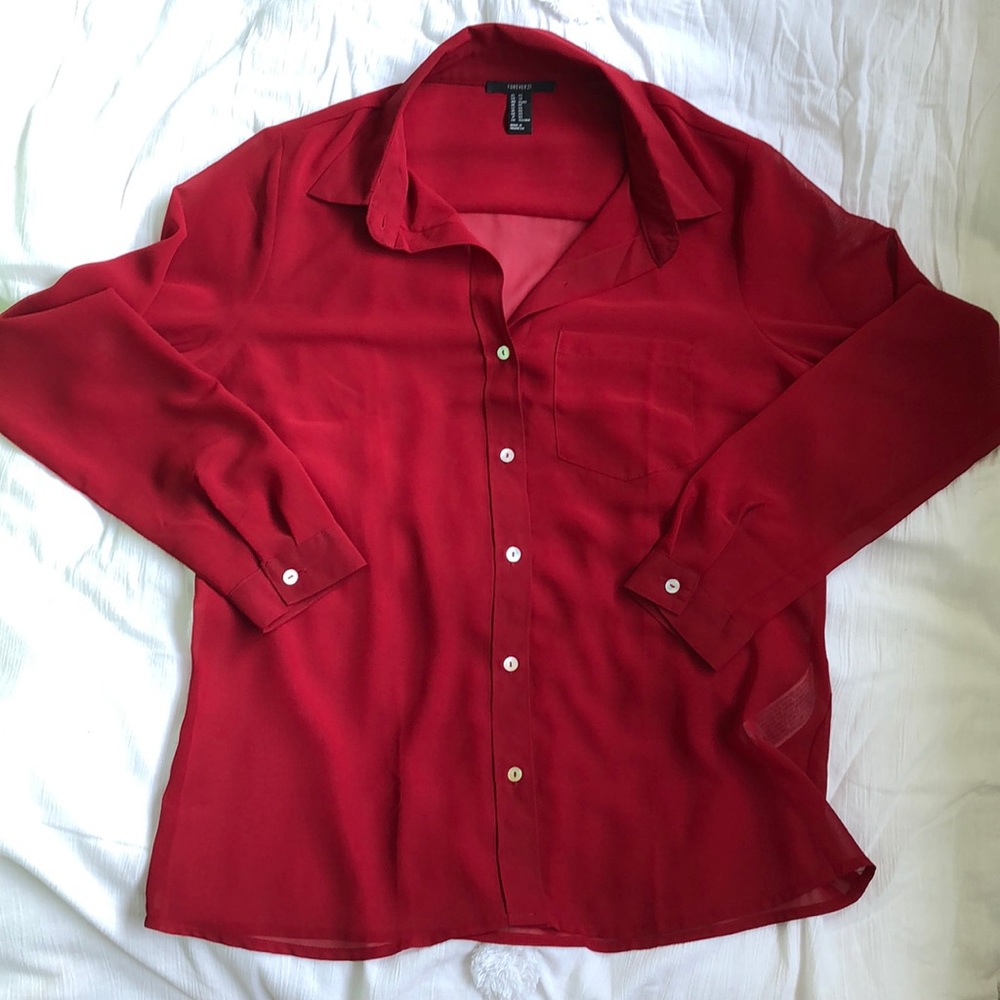 Forever 21 See through long sleeve red button down